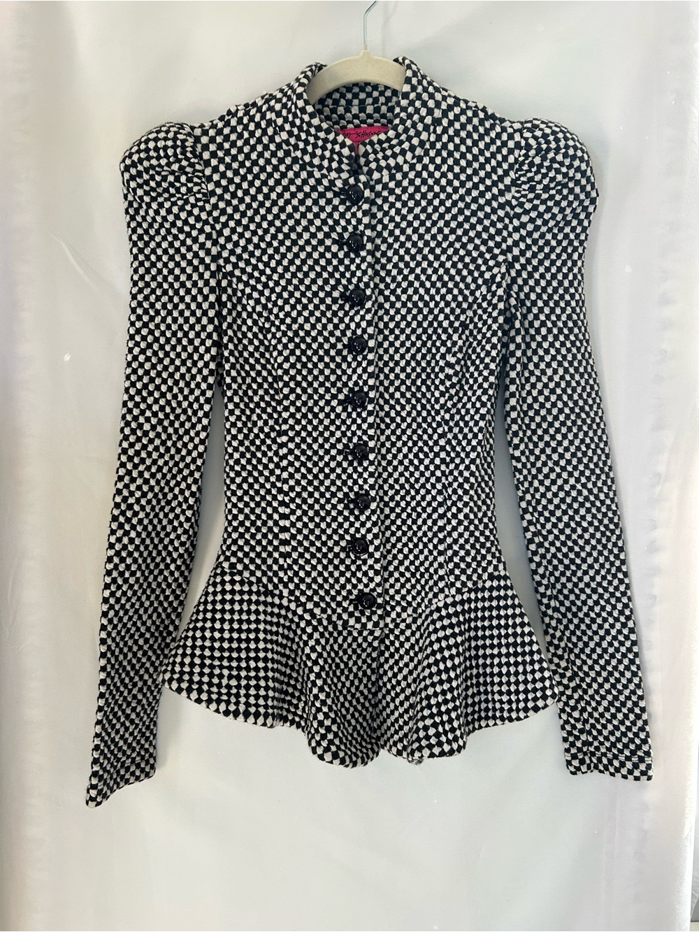 Betsey Johnson Black & White Houndstooth Peplum Button-Front Jacket